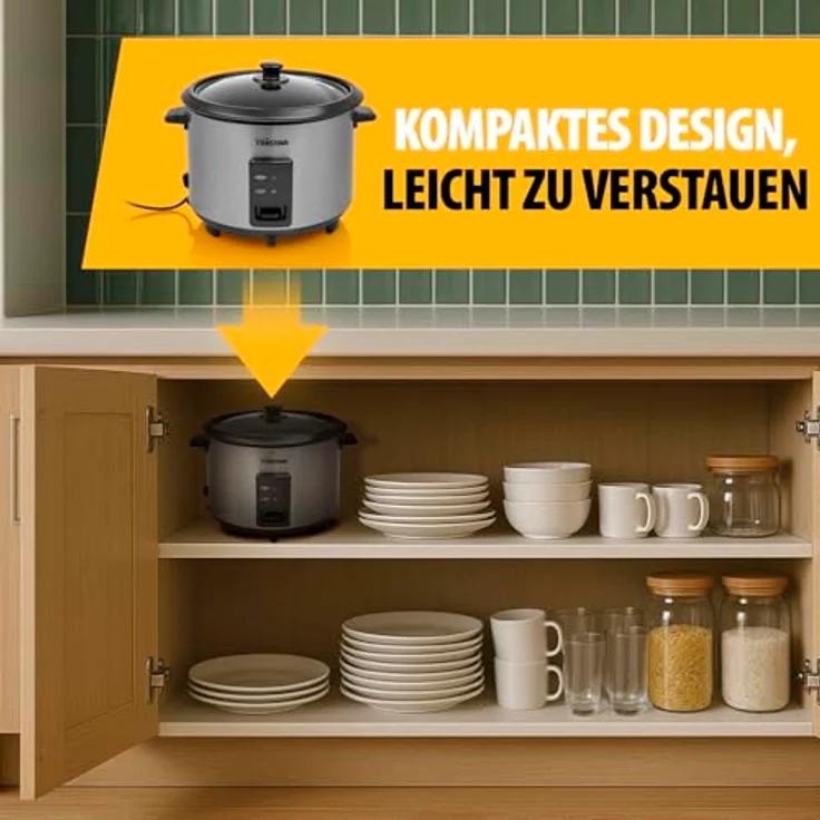 Tristar RK-6148 Reiskocher, 1,8 l, Edelstahl und Glas, Schwarz und Silber, mit Tasten, 0,8 m Kabel – Bild 7