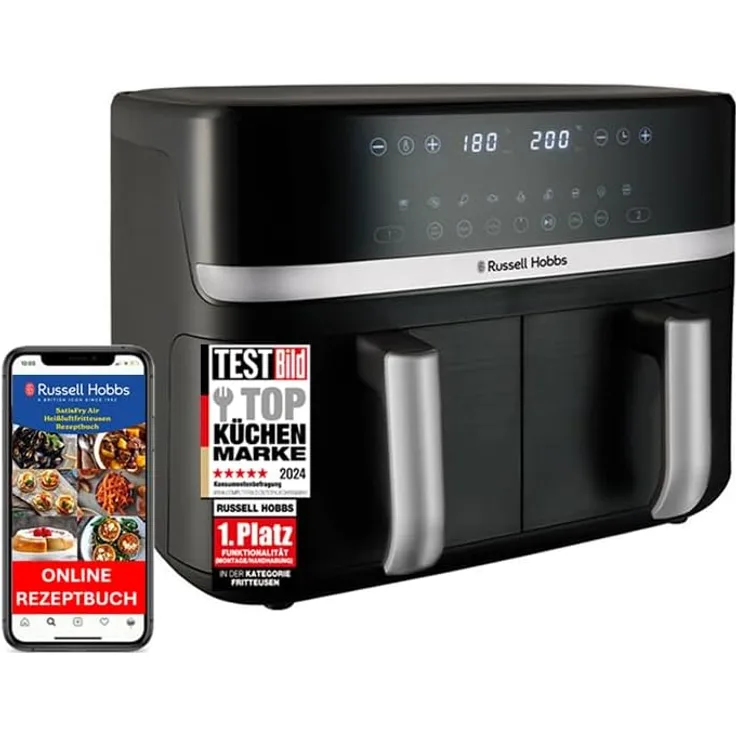 Russell Hobbs Heißluftfritteuse SatisFry 27681-56, 9L Rapid AirFryer mit 2 Kammern (je 4,5L), leiser Betrieb, 9 Programme, spülmaschinenfest, Synchronisierungsfunktion, schwarz/silber