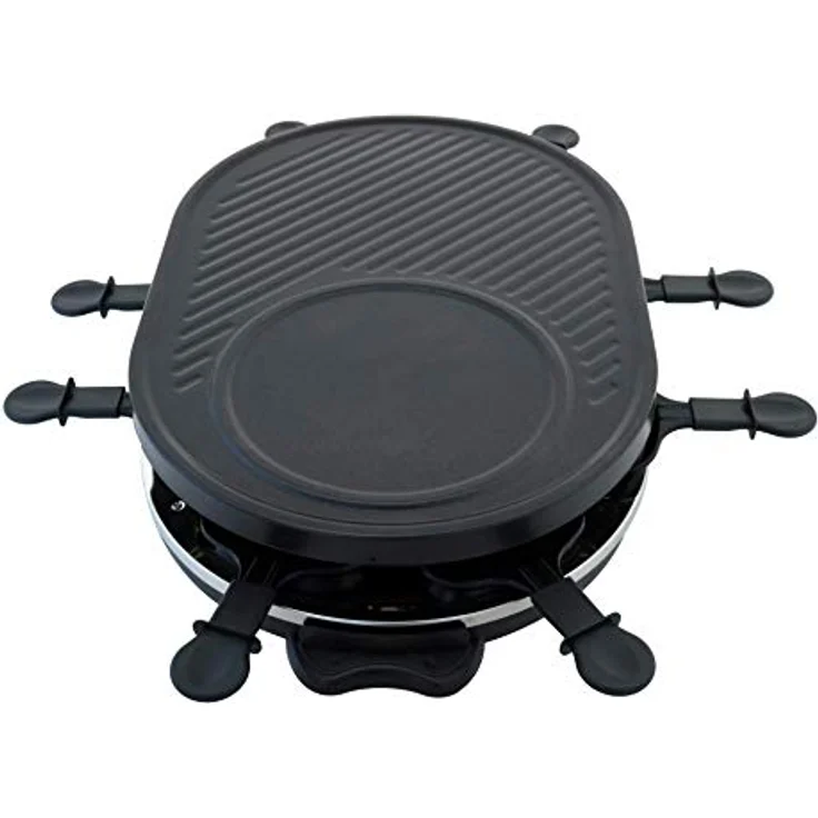 Expo Börse Raclette Tischgrill für 8 Personen, Partyraclette mit Crêpesmaker, 8 Anti-Haft Pfännchen, 1200 W, ovale Form, schwarz – Bild 2