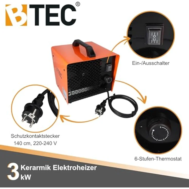 BTEC Heizlüfter 3000 Watt - Elektroheizer mit Keramik Heizelementen - 2 Heizstufen - Frostwächter - Perfekt für Baustelle, Werkstatt, Garage - Heizstrahler - 3kW Heizer – Bild 2