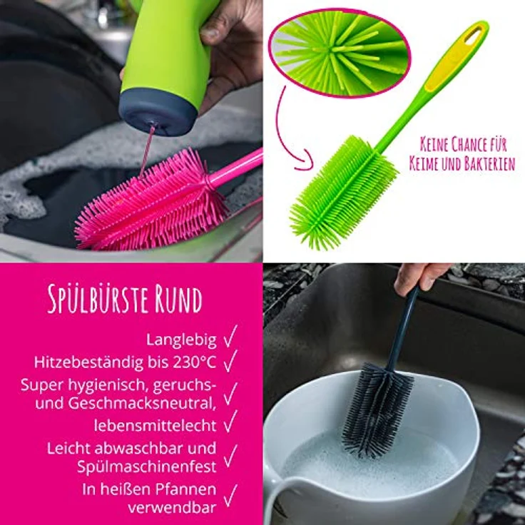 Kochblume Silikonbürsten 3er Set mit Wechselköpfen | Flaschenbürste, Spülbürste, Antibakteriell, Keimfrei (anthrazit) – Bild 2