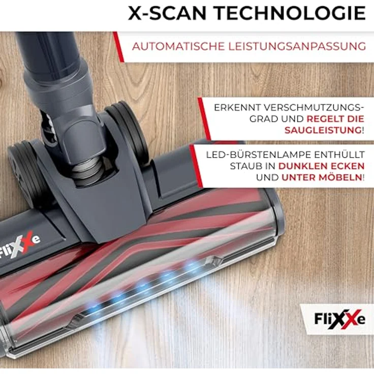 Flixxe T12 Akku-Sauger mit 12 Kammern-Zyklonen-Technologie, echte 29 kPa Saugleistung, 60 Min Laufzeit, X-SCAN-Technologie, LED-Lichtbürste – Leicht 3 kg, wechselbarer Akku, Beutellos, HEPA-Filter – Bild 2