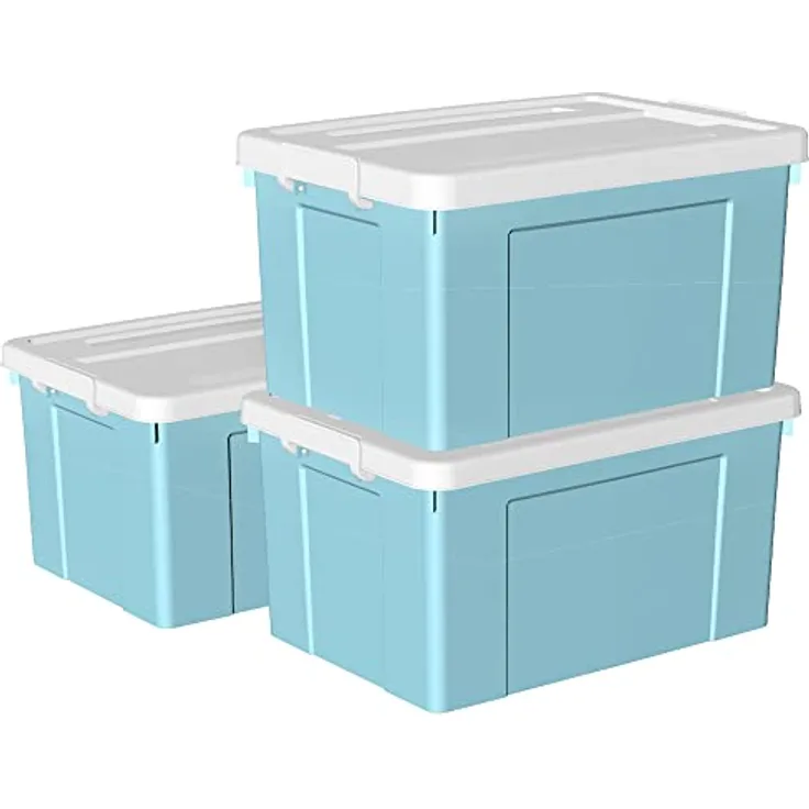 Cetomo 90 l x 3 Kunststoff-Aufbewahrungsbox, Tragetasche, Organisationsbehälter mit robustem Deckel und sicheren Verriegelungsschnallen, stapelbar und stapelbar, 3 Stück, blau mit Schnalle