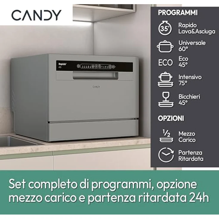 Candy CP 6E51LS Geschirrspüler, freistehend, Edelstahl, 6 Maßgedecke, 51 dB, Energieeffizienzklasse E – Bild 3