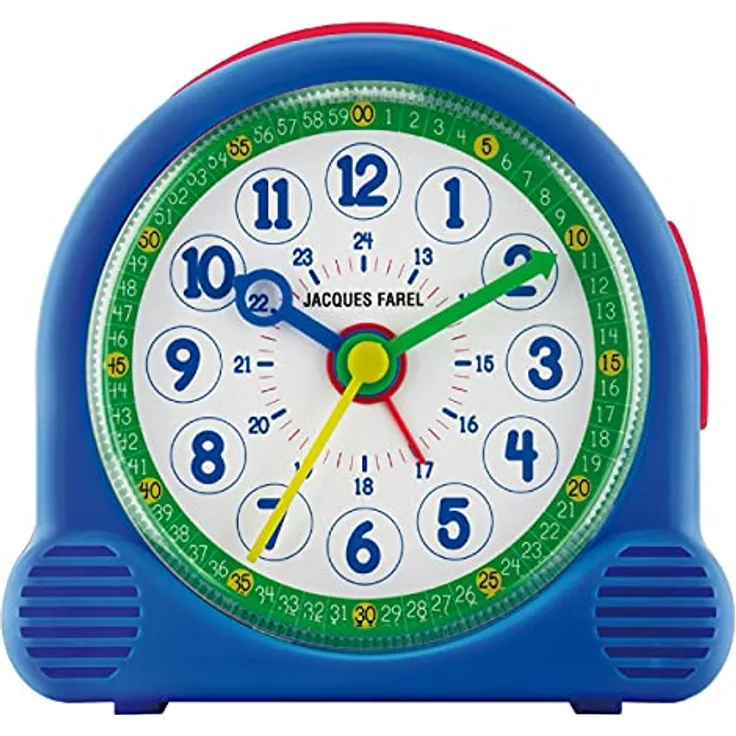JACQUES FAREL Happy Learning Lernwecker Kinder-Wecker Blau Grün ohne Ticken, mit Licht, Snooze und analoger Quarzzeitstellung, 10 x 10 cm