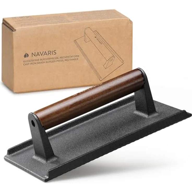 Navaris Smashed Burger Presse - Burgerpresse Gusseisen - Burger gesund und schmackhaft zubereiten - Grillpresse - Fleischbeschwerer - 21 x 11 cm - Rechteckiges Gusseisen – Bild 1