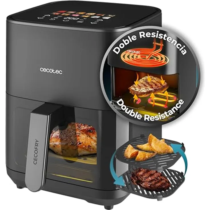 Cecotec Cecofry&Grill Duoheat 4000, Heißluftfritteuse ohne Öl, 4L, 1900W, Temperaturregelung 40-200°C, 10 Menüs, bewegliche Trennwand, Doppelwiderstand, Grillfunktion