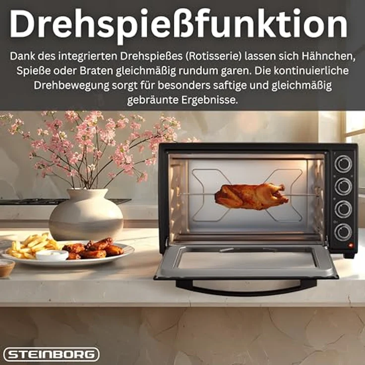 STEINBORG Minibackofen SB-3019, 60L, 2000W mit Umluft, Drehspieß und Timer, kompakt schwarz – Bild 5