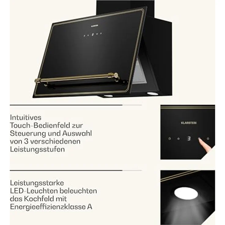 Klarstein Victoria Dunstabzugshaube, 60 cm, 400 m³/h, A++, Touch-Bedienfeld, LED-Beleuchtung, Schwarz/Gold, Abluft & Umluft, leise 52 dB – Bild 6