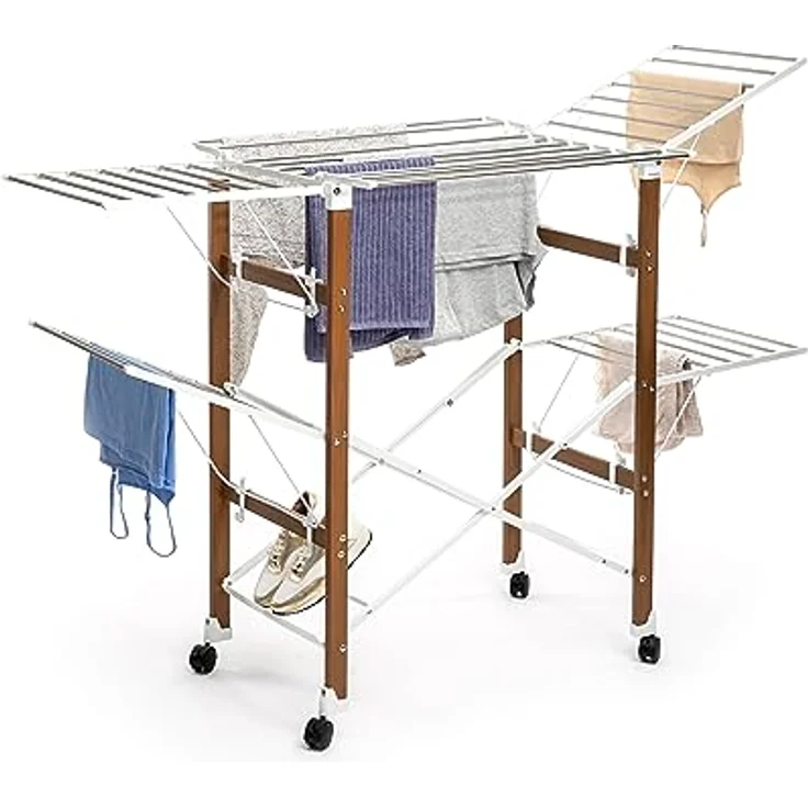 InnovaGoods Wäscheständer HOCHQUALITATIVER WÄSCHESTÄNDER KLAPPBAR 38 STANGEN PLATZSPAREND, Weiß und Braun mit Holzeffekt – Bild 2