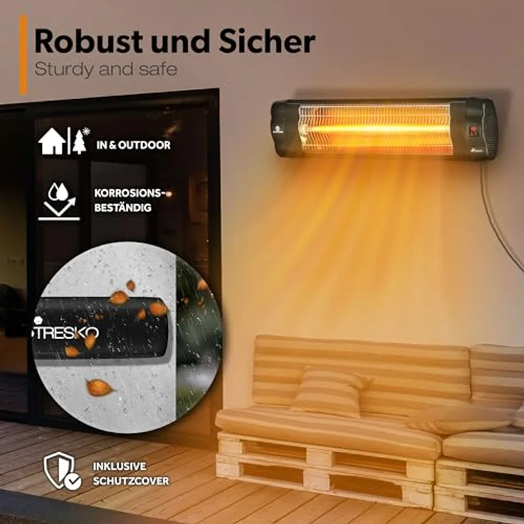 TRESKO Infrarot Heizstrahler 2500W mit Fernbedienung | Wärmestrahler Terrasse elektrisch mit 3 Heizstufen | Terrassenstrahler Innen & Außen | Wand-Infrarotstrahler mit LED-Anzeige Quarzstrahler - Preisvergleich – Bild 3