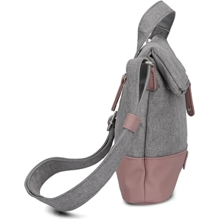 Zwei Olli OT6, Umhängetasche in Powder (grau/altrosa) mit Zipper- und Rollverschluss, verstellbarem Schulterriemen und geräumigem Hauptfach – Bild 4