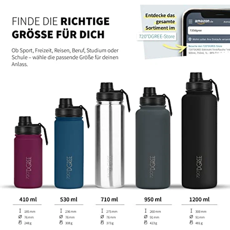 Trinkflasche Doppelwandig Edelstahl 950ml Isolierflasche m. Gratis Sportdeckel 720 DGREE noLimit solid stainless – Bild 3