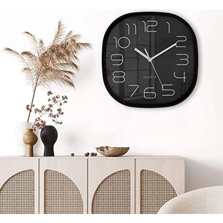 K&L Wall Art Retro Wanduhr schwarz langlebiges Quartz Uhrwerk ohne Ticken Analoge Schlafzimmer Uhr lautlos Büro Wanddeko modern (Ø 28cm groß Eckig) – Bild 2