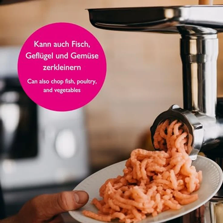 Kenny Professional Fleischwolf "Schredder" aus Edelstahl inkl. Lochscheiben, Messer, Wurstfüllhorn, ideal für Fleisch und Gemüse, kompatibel mit Kenwood KAX-Anschluss – Bild 4