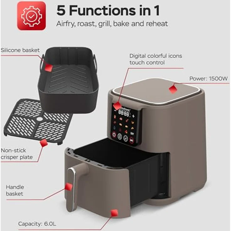 TurboTronic Heißluftfritteuse XL 6Liter 0,6kg Pommes mit Silikoneinlage 12 Programme digital Touch-Steuerung 1500W Power Airfryer 40-200°C Luftfritteuse Air Friteuse ohne Fett/Öl Grill, Silber – Bild 4