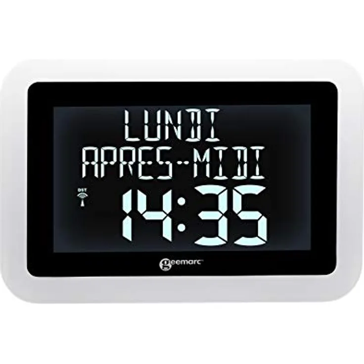 Geemarc VISO15 Funkuhr Weiß, digitale Kalenderuhr mit automatischer Zeiteinstellung und großem Display, 14 Sprachen, dimmbare Hintergrundbeleuchtung