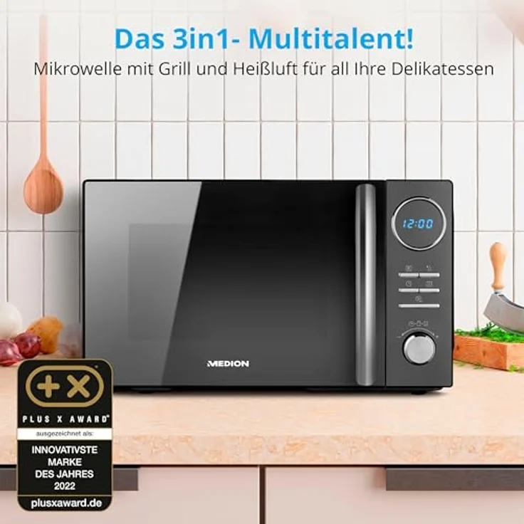 MEDION 3 in 1 Mikrowelle mit Grill und Heißluft Funktion (23 Liter, 900 Watt, 1.000 Watt Grill, 1.680 Watt Heißluft, 10 Automatikprogramme, Auftaufunktion, Display, MD11493) schwarz – Bild 2