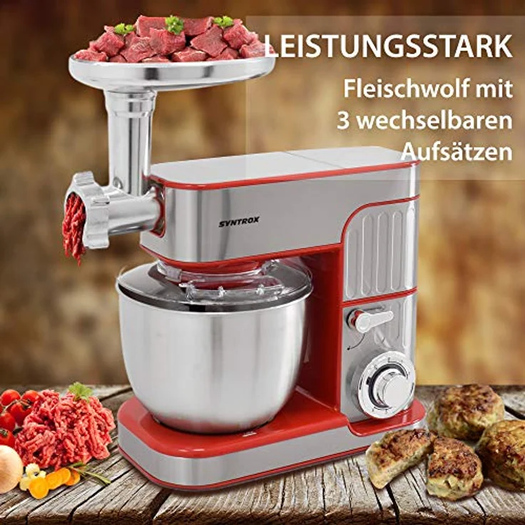 Syntrox Küchenmaschine de Luxe 5,5 L, Knetmaschine mit Fleischwolf, rot – Bild 4
