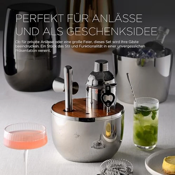 MasterPRO The Drop, 6-teiliges Cocktail-Set aus Edelstahl, mit Sieb, Flaschenöffner, langem Löffel, Cocktail-Shaker, Jigger und Zerkleinerer, stilvoll und professionell – Bild 4