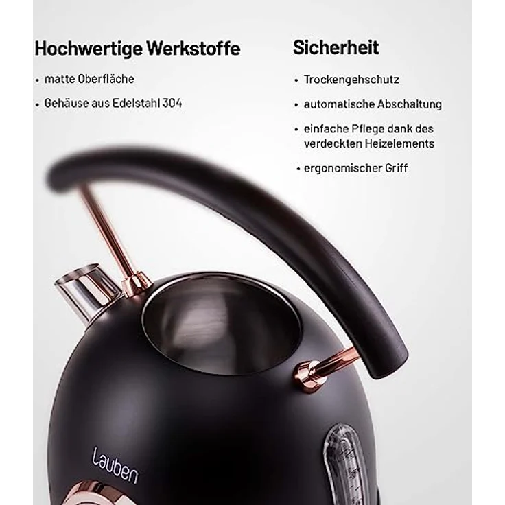 Lauben Electric Kettle 17BC Wasserkocher mit Inhalt 1,8 l, Leistung 2200 W, Wassertemperaturanzeige, Material Edelstahl, Trockengehschutz, Überhitzungsschutz, beleuchteter Schalter, Kabelstaufach – Bild 5