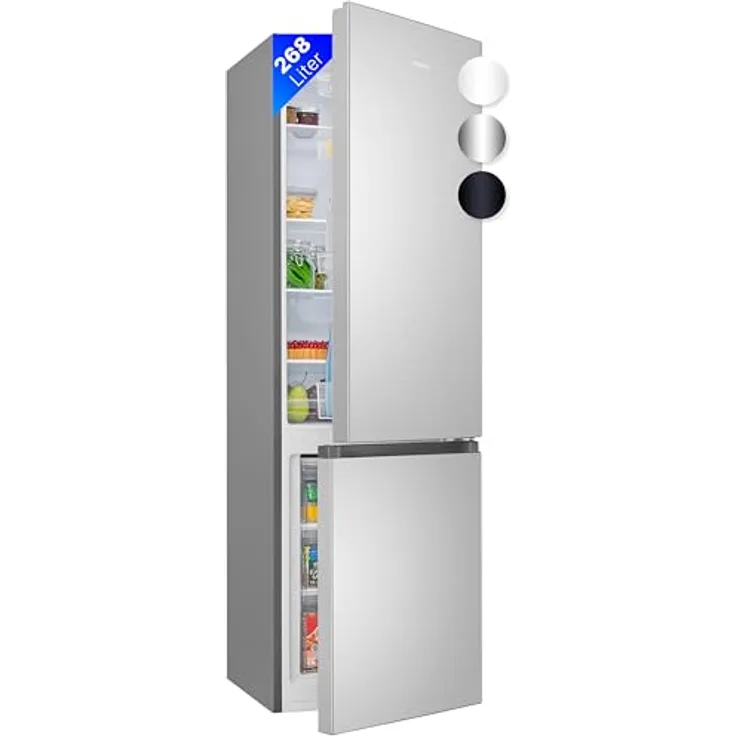 Bomann® Kühlschrank mit Gefrierfach 180cm hoch | Kühl Gefrierkombination 268L mit 4 Ablagen & 3 Schubladen | Türanschlag wechselbar | leise Kühlgefrierkombi mit 36db | Kühlschrank KG 7353 inox