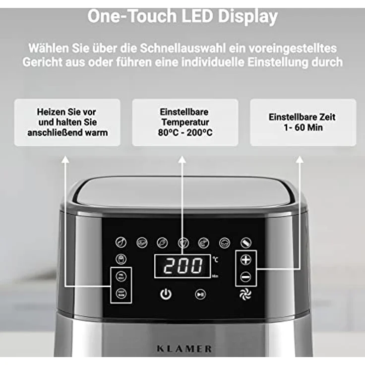 KLAMER Heißluftfritteuse 3,5L, Multifunktionale Mini Heissluftfritteuse, ölfreie Fritteuse, 1500W Airfryer mit 8 Vorprogrammen – Bild 4