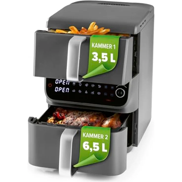 GOURMETmaxx FryUp Doppelkammer Heißluftfritteuse MultiSize 10 L, vertikaler Airfryer mit 2 Kammergrößen, 10 Programme & LED-Touchdisplay – Bild 1
