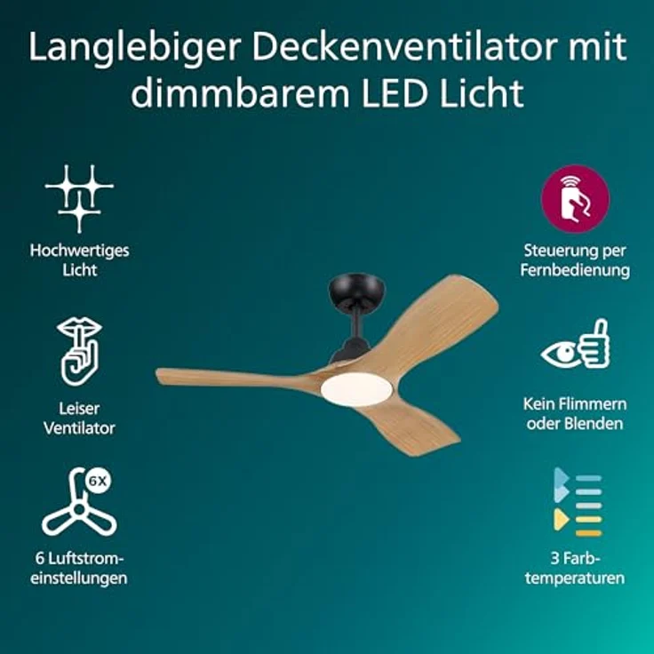 Philips Olas Deckenventilator, 3 Flügel, 42", 24 W LED-Licht mit Dimmfunktion und Farbtemperatur (3000 K, 4300 K, 6500 K), Schwarz/Holz, inkl. Fernbedienung, DC-Motor – Bild 2