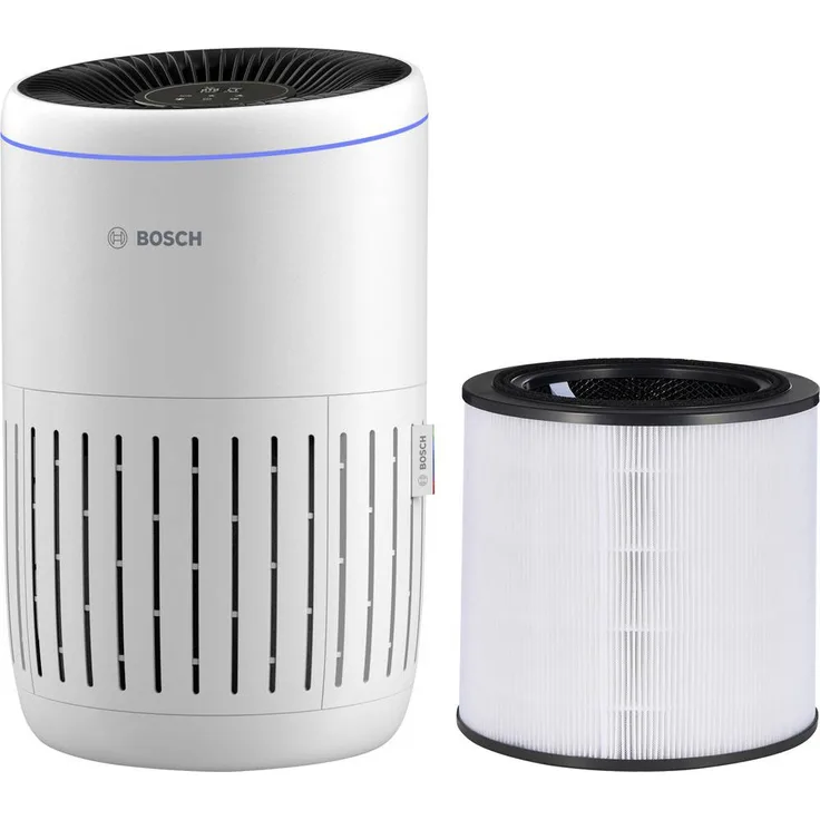 Bosch Home Comfort Air 2000i, Internetfähiger Luftreiniger für Räume bis 37,5 m², Weiß und Schwarz, HEPA-Filter, App-Steuerung