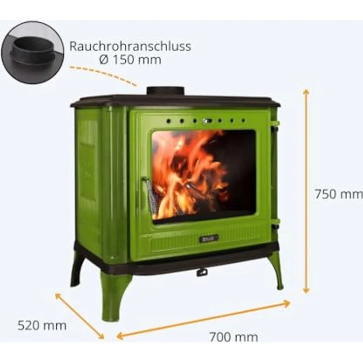 365® Kaminofen Ferrox 75, gusseisern, grün emailliert, 10,5 kW mit Scheibenspülung und Aschekasten, A+ – Bild 3