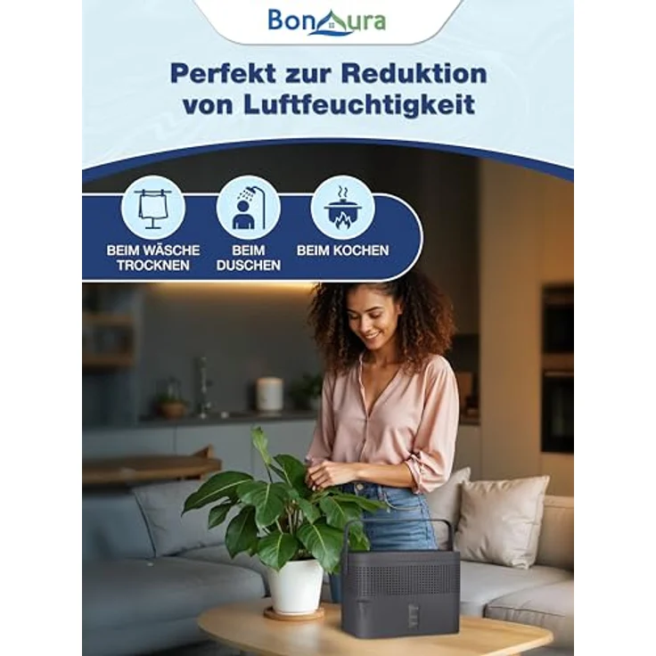 BonAura® AirOne Max, Luftentfeuchter ohne Strom für Räume bis 33m², 360° Belüftung, integriertem Ausgießer & 980g Granulat, Schimmel- und Geruchsschutz – Bild 4
