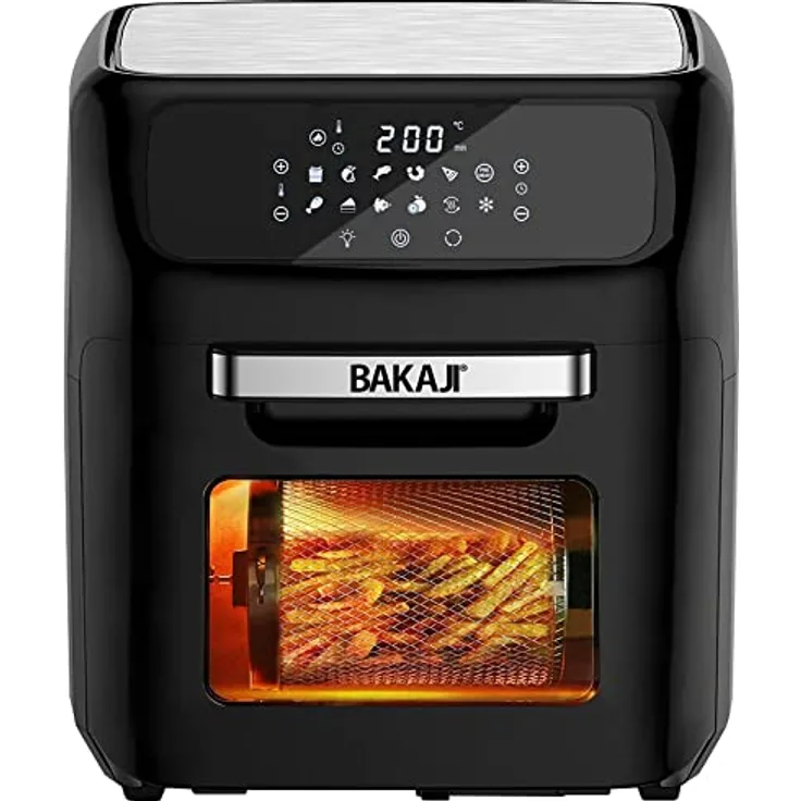 Bakaji Heißluftfritteuse, Kühlschrank, Trockengrill, ohne Öl, Airfryer Fassungsvermögen: 12 l, LED-Touch-Display 12 Programme, Timer-Einstellung, Temperaturregelung, Leistung 1800 W (schwarz)