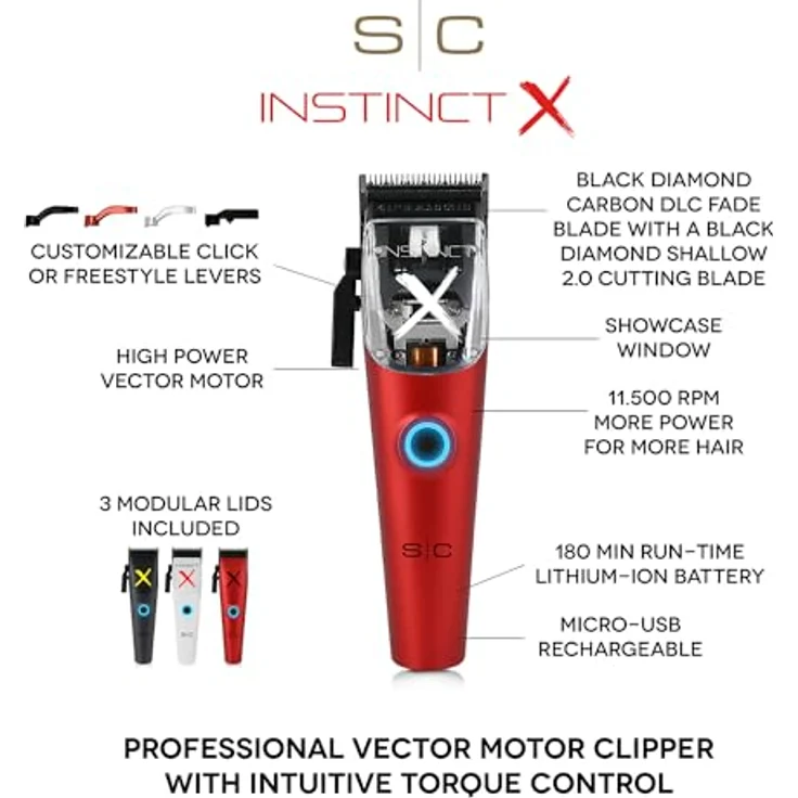Stylecraft Instinct Clipper Metal by Gamma Più, Professioneller Herren-Haarschneider mit Vektormotor und Dynamischer Drehmomentsteuerung, 180 Min Autonomie, Schwarz, Rot, Weiß – Bild 3