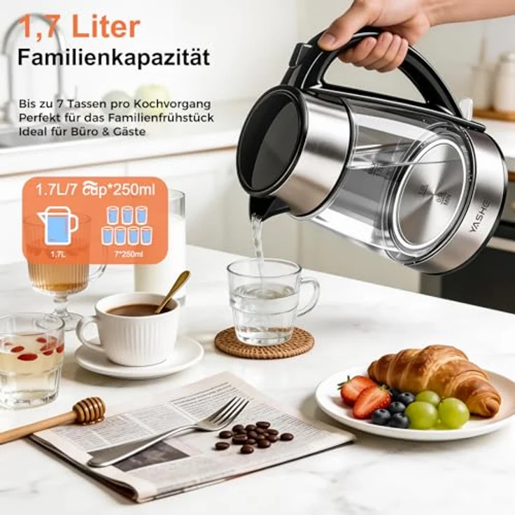 YASHE Wasserkocher Glas 1,7L, 2200W mit blauem LED-Licht und Sicherheitsfunktionen, Schwarz – Bild 5
