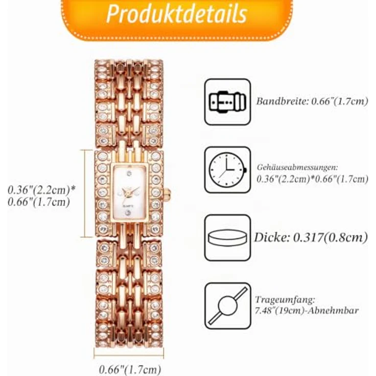 JewelryWe Rechteckige Damenuhr mit vollbesetztem Diamantdesign, analoges Quarzwerk, rosegoldenes Metallarmband, ultradünn, luxuriös und elegant – Bild 2