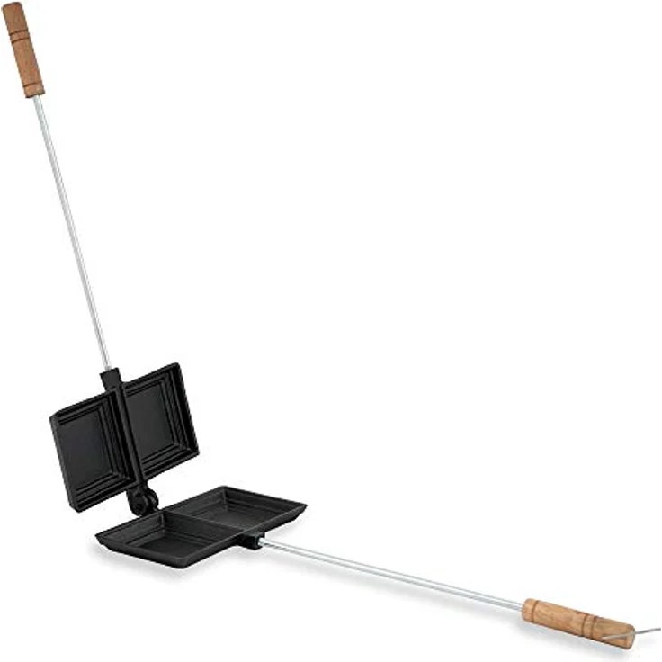 BBQ-Toro Sandwichmaker Waffeleisen, rechteckige Doppelform aus Gusseisen, bereits eingebrannt mit ergonomischen Holzgriffen – Bild 5