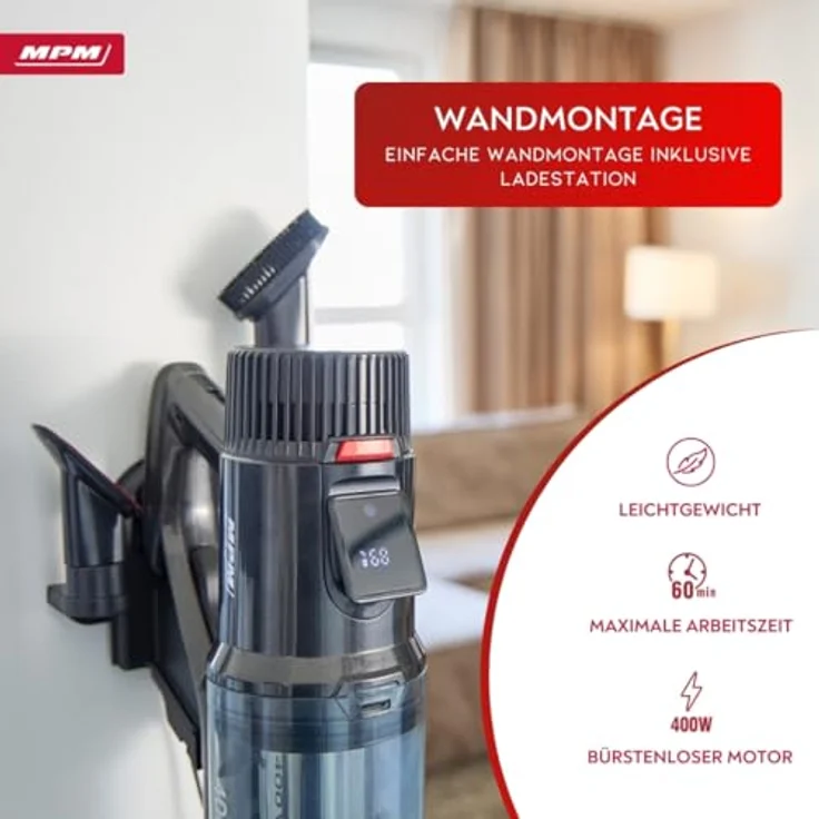 MPM Akku-Stielstaubsauger mit Digitaldisplay & Handstaubsauger 29,2V/250W - Intelligenter Staubsensor - Akku Staubsauger Kabellos - Staubsauger ohne Beutel - Inkl. Wandbefestigung System & Zubehörset, Silber – Bild 3