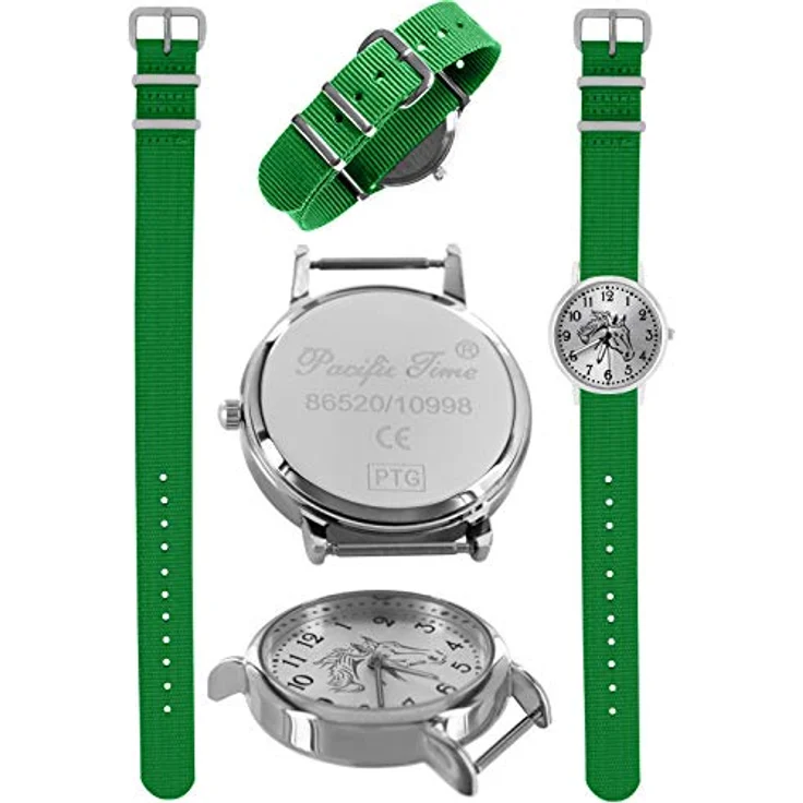 Pacific Time Mädchen Uhr 10403, analoge Quarz Armbanduhr mit grünem Textilarmband und Pferdemotiv, leuchtende Zeiger – Bild 3