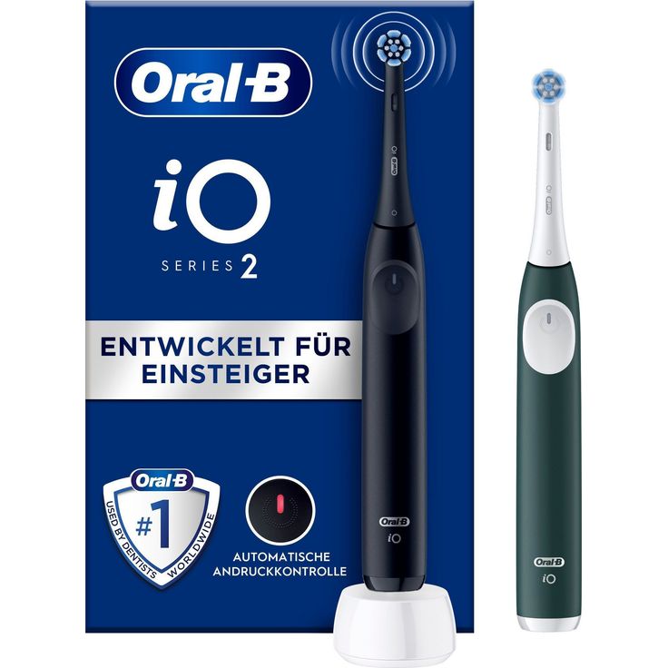 Oral-B iO Series 2 Elektrische Zahnbürste – 2 Handstücke, 3 Modi, Andruckkontrolle, Timer, inkl. Ladestation (Black/Forest Green)