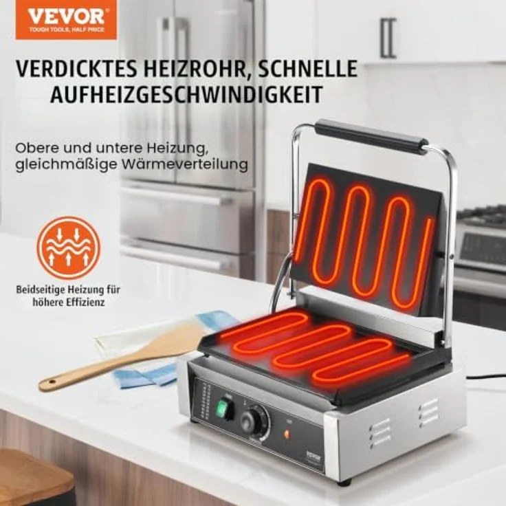 VEVOR Kommerzieller Panini-Grill, 2200 W Sandwich-Panini-Maker mit präziser Temperaturregelung und 36 x 23 cm flacher Emaille-Platte aus Edelstahl – Bild 2