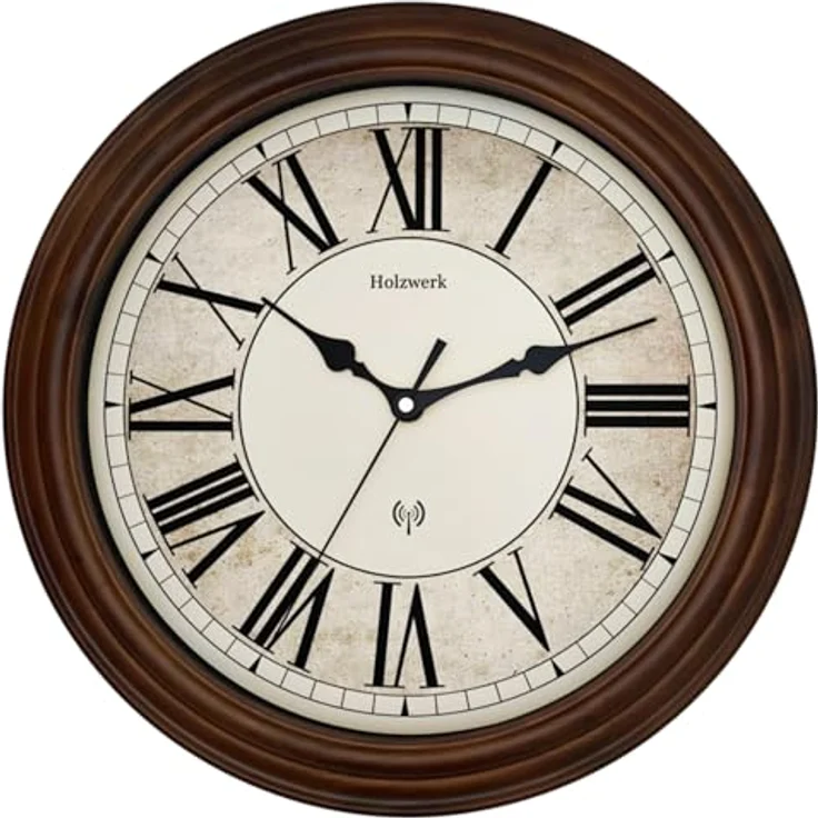 Holzwerk Funkwanduhr Vintage Retro, Braun, 35 cm, nahezu lautloses Uhrwerk, analog, mit mineralglasgeschütztem Zifferblatt in Beige/Schwarz – Bild 1