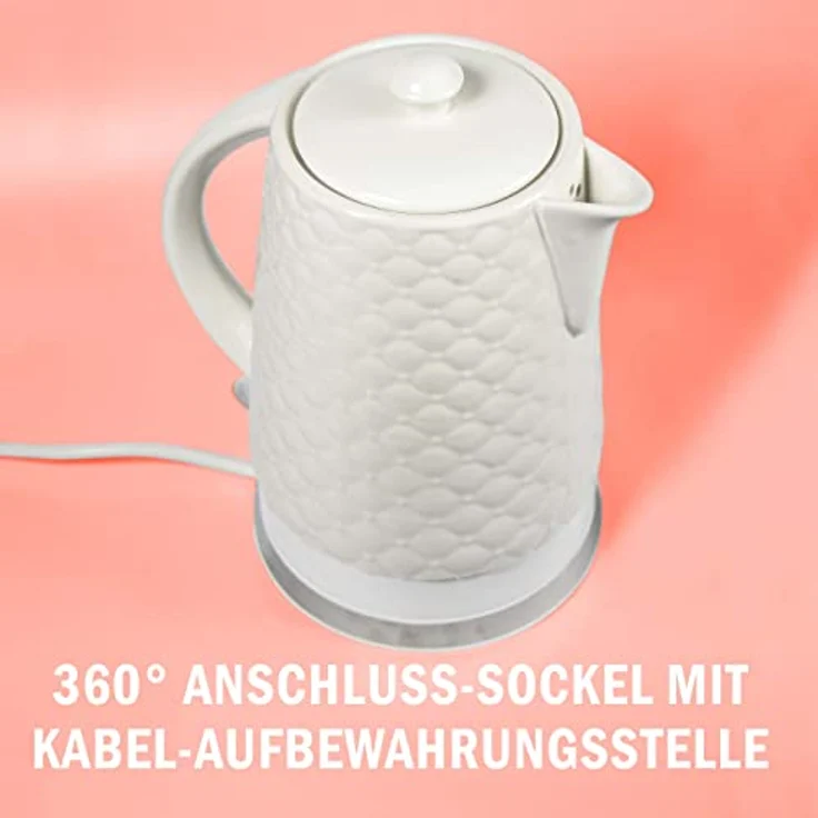 KVOTA Elektrischer Wasserkocher aus hochwertiger Keramik mit 1,8 Liter Fassungsvolumen, modernes Gesteppt-Design, abnehmbarer Deckel, weiß – Bild 4