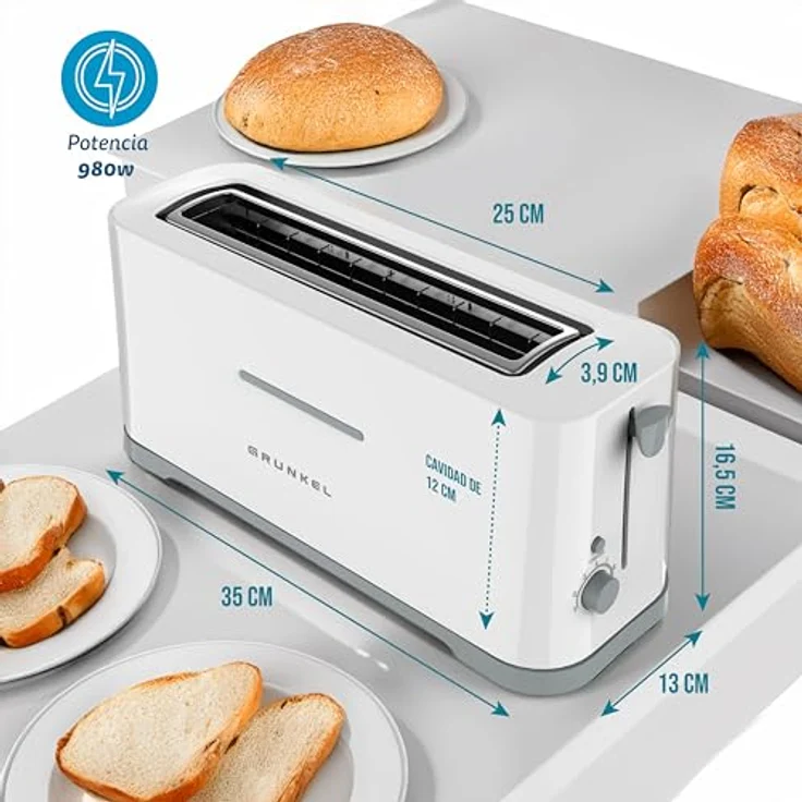 Grunkel TS40-EASYTOAST, Extra breiter Toaster mit 7-stufiger Bräunungskontrolle, abnehmbarer Krümelauffangschale und Kabelslot, 980 W, weiß – Bild 2
