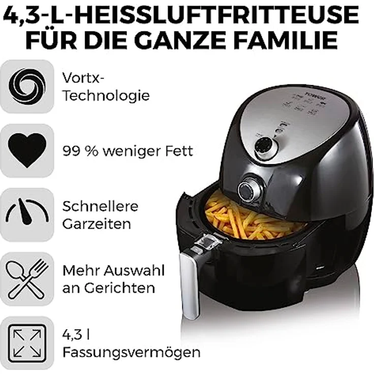 Tower T17021 Heißluftfritteuse für die Ganze Familie mit Schneller Luftzirkulation - 60-Minuten-Timer - Airfryer 4,3L 1500W - Schwarz – Bild 2