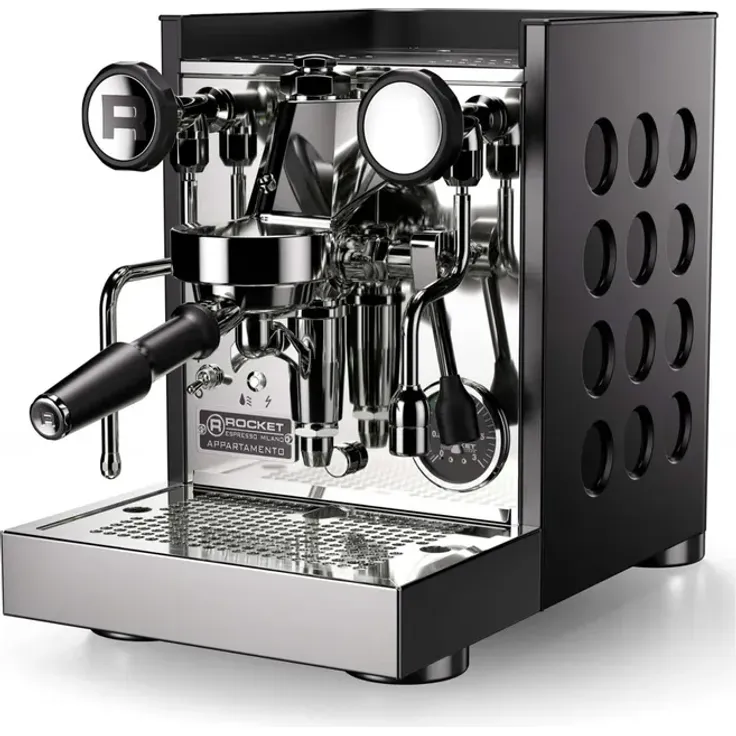 Rocket Espresso Appartamento TCA Schwarz, Espressomaschine mit Temperatureinstellung, Wärmetauscher-System, 1,8 Liter Boiler, 2,5 Liter Wassertank, Edelstahl-Design