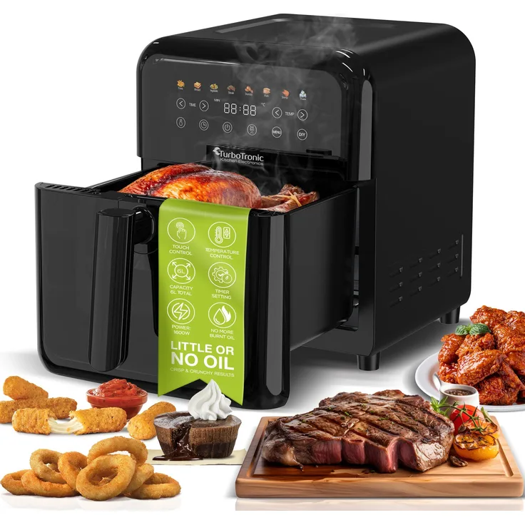 TurboTronic by Z-Line Heißluftfritteuse XXL 6 Liter, 1600W, 8 Programme, Timer, Airfryer Heissluftfritteuse, 1600 W, Digital Fritteuse Fettfrei 1-60 Min Modernes Metall Design Power, Silber