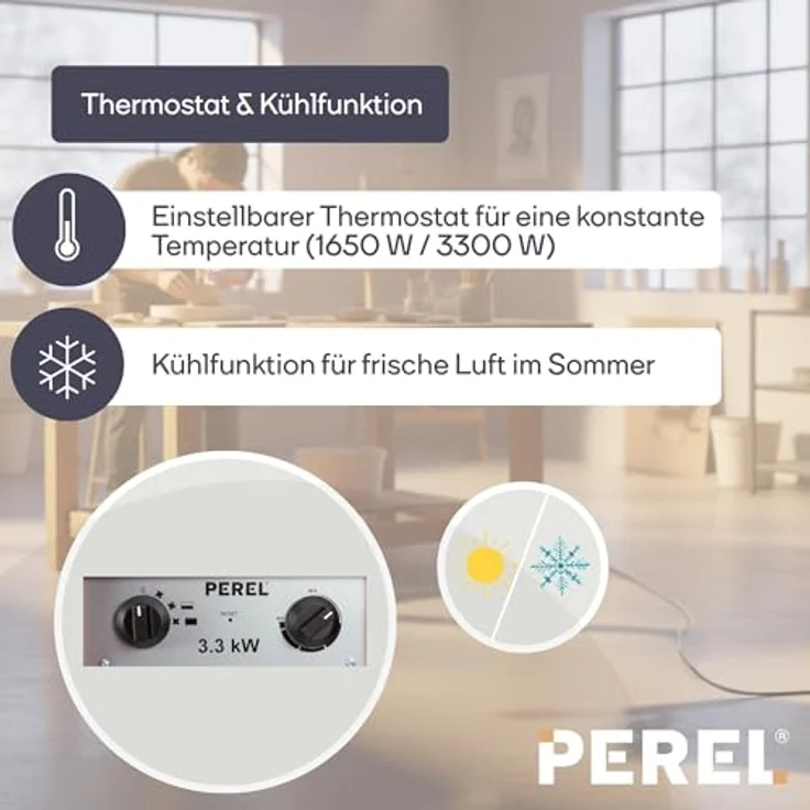Perel Heizlüfter 3300W, elektrisch mit 2 Heizstufen, Thermostat, Kühlfunktion und Überhitzungsschutz, IP24 – Bild 4