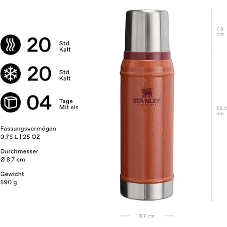 Stanley Classic Legendary Thermosflasche 750 ml, Edelstahl Thermoskanne, 20 Stunden heiß oder kalt, BPA-frei, spülmaschinenfest, Hammertone Clay – Bild 2