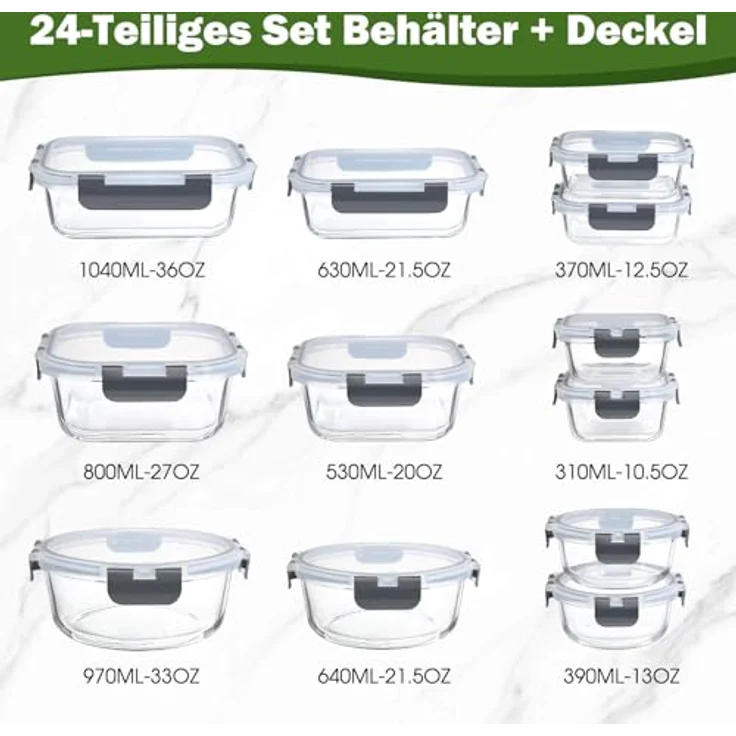 YASHE Glas-Frischhaltedosen LN-12PCS, 12 Behälter, 6,75 L, luftdicht und stapelbar, Grau – Bild 2